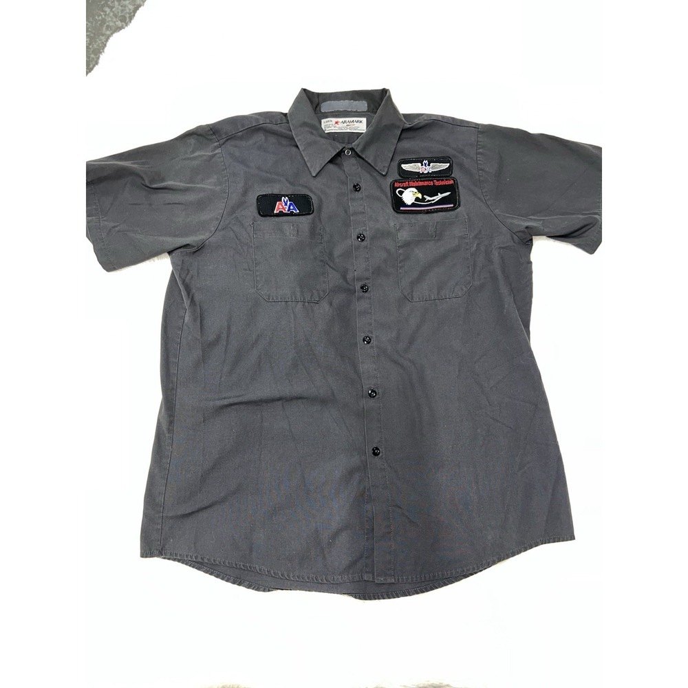 American Airlines Aircraft Technician Logo Gray Short Sleeve Button Shirt Mens L